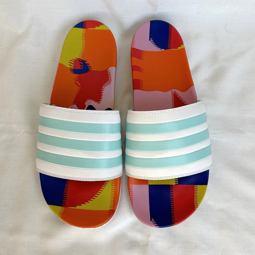 Adidas Adilette Comfort Slides in White / Aqua / Active Blue, Mens 9 - Picture 8 of 10